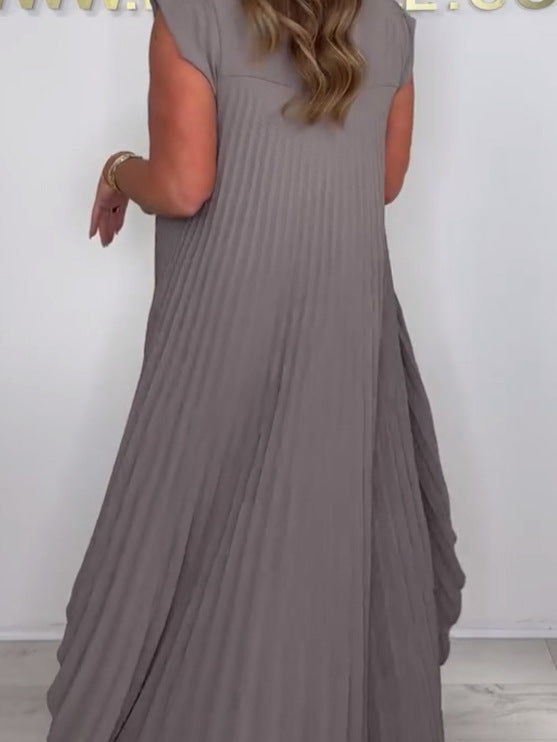 Laney Pleated Short Sleeve Irregular Midi Top and Elastic Waist Wide Leg Pants Set