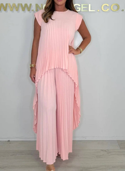 Laney Pleated Short Sleeve Irregular Midi Top and Elastic Waist Wide Leg Pants Set