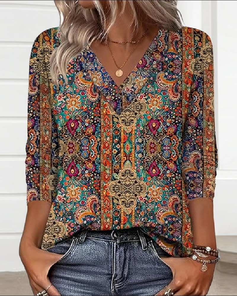 Retro Printed Blouse V-Neck
