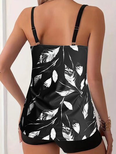 Elise | Black & White Leaf Print Tankini Set
