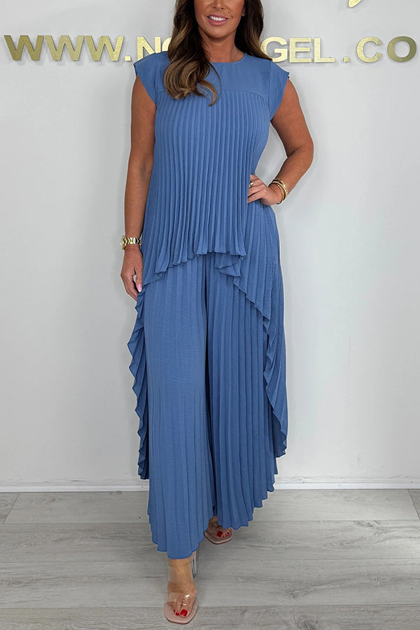 Laney Pleated Short Sleeve Irregular Midi Top and Elastic Waist Wide Leg Pants Set