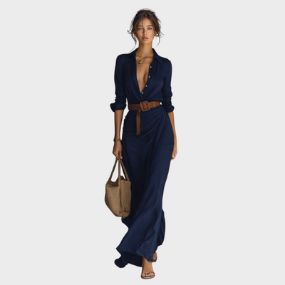 Classic Buttoned Maxi Dress with Belted Waist and Elegant Flowing Fit | Matilda maxi