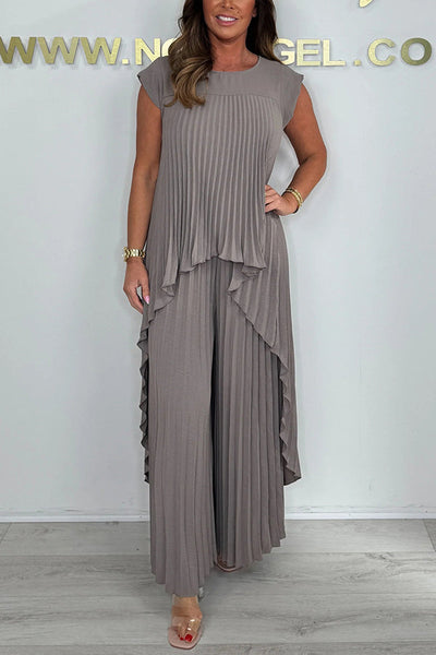 Laney Pleated Short Sleeve Irregular Midi Top and Elastic Waist Wide Leg Pants Set