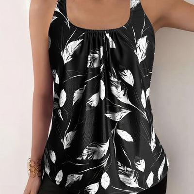Elise | Black & White Leaf Print Tankini Set