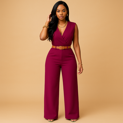 Women's High-Waisted Deep V-Neck Jumpsuit | Maud