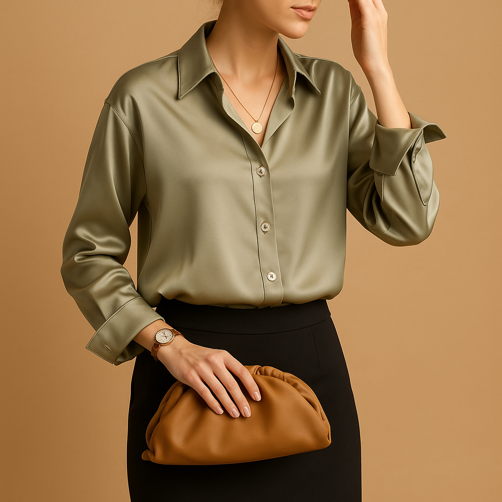 Mirthe Women's Satin Blouse with Elegant Folded Collar