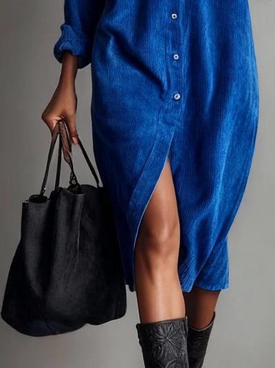 Loose Corduroy Double Chest Pocket Single Breasted Midi Dress