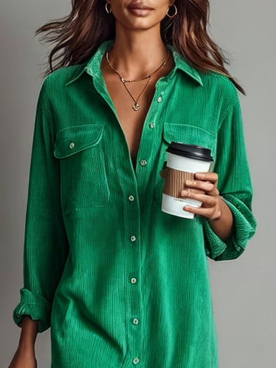 Loose Corduroy Double Chest Pocket Single Breasted Midi Dress