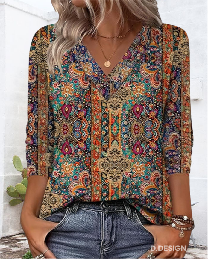 Retro Printed Blouse V-Neck