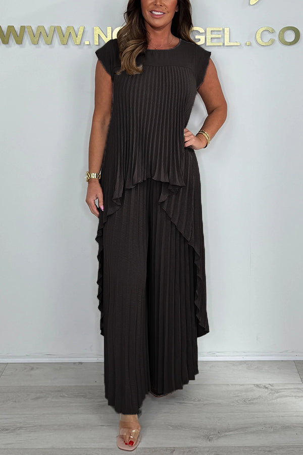 Laney Pleated Short Sleeve Irregular Midi Top and Elastic Waist Wide Leg Pants Set