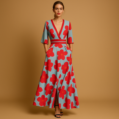 Women's Floral Maxi Dress with V-Neck and Pockets | Fleur