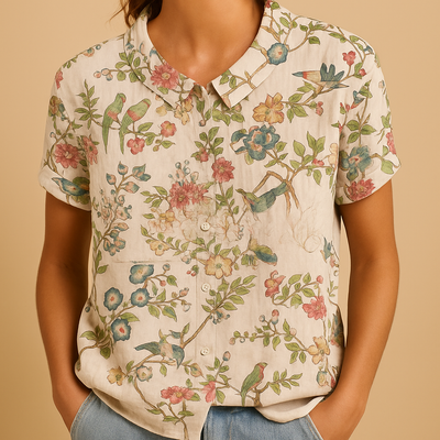 Fleur Women's Floral Print Lightweight Blouse with Relaxed Fit