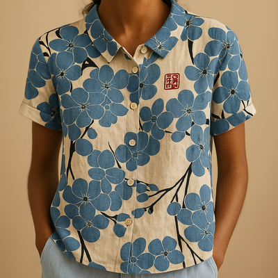 Fleur Women's Floral Print Lightweight Blouse with Relaxed Fit