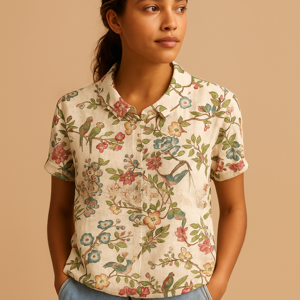Fleur Women's Floral Print Lightweight Blouse with Relaxed Fit