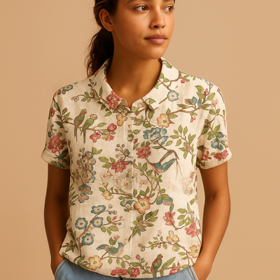 Fleur Women's Floral Print Lightweight Blouse with Relaxed Fit