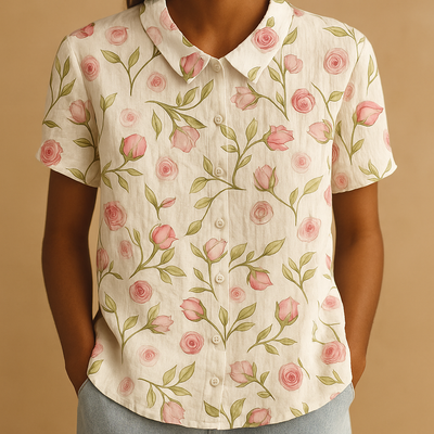 Fleur Women's Floral Print Lightweight Blouse with Relaxed Fit