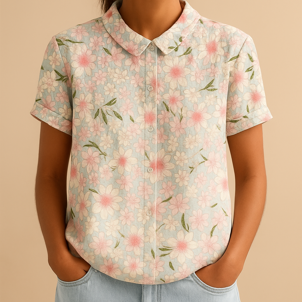 Fleur Women's Floral Print Lightweight Blouse with Relaxed Fit