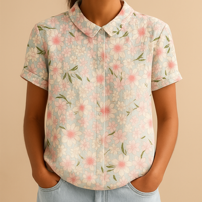 Fleur Women's Floral Print Lightweight Blouse with Relaxed Fit
