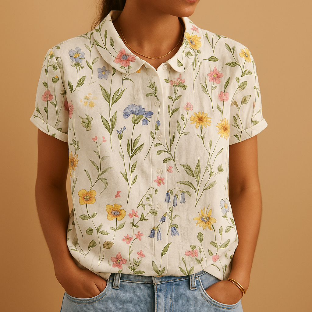 Fleur Women's Floral Print Lightweight Blouse with Relaxed Fit