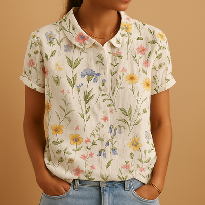 Fleur Women's Floral Print Lightweight Blouse with Relaxed Fit