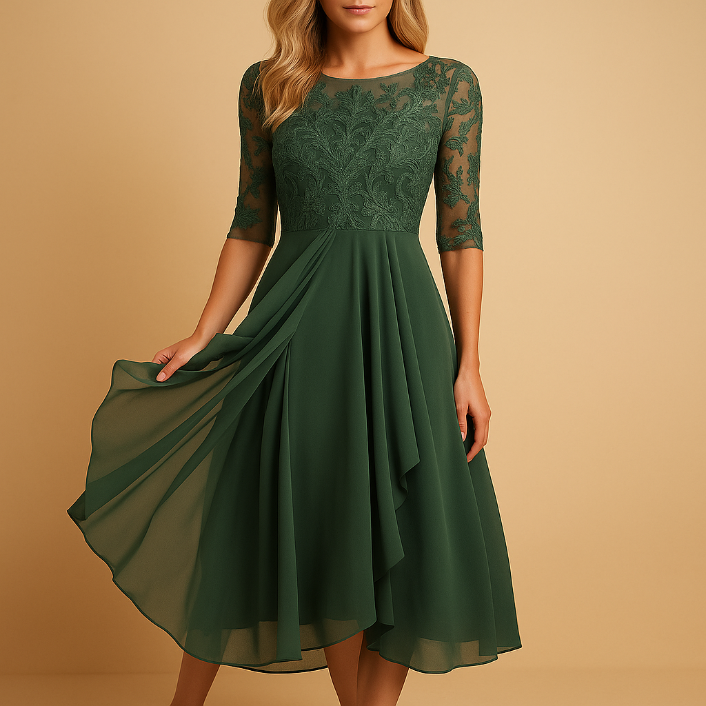 Livia Women's Midi Dress with Lace Bodice and Asymmetric Skirt