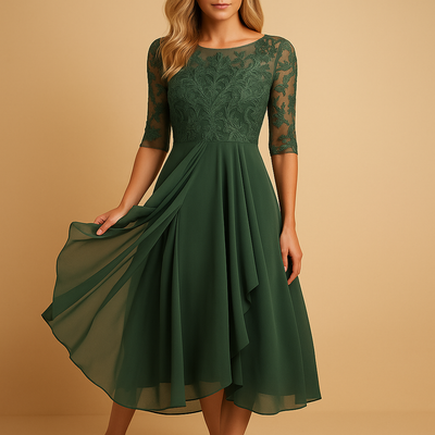 Livia Women's Midi Dress with Lace Bodice and Asymmetric Skirt