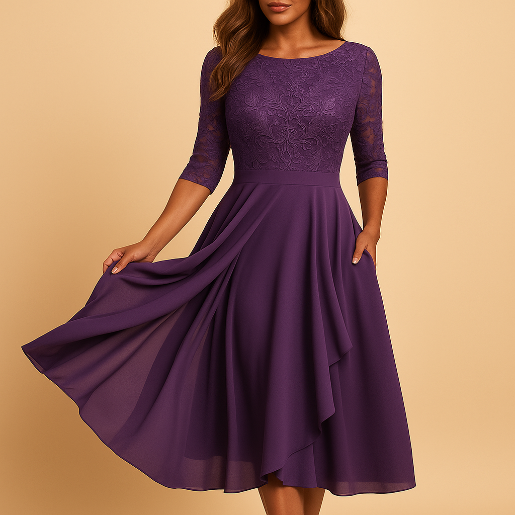 Livia Women's Midi Dress with Lace Bodice and Asymmetric Skirt