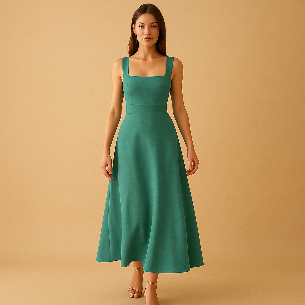 Women's Midi Dress with Square Neckline and Lace-Up Detail | Yinthe