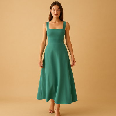 Women's Midi Dress with Square Neckline and Lace-Up Detail | Yinthe