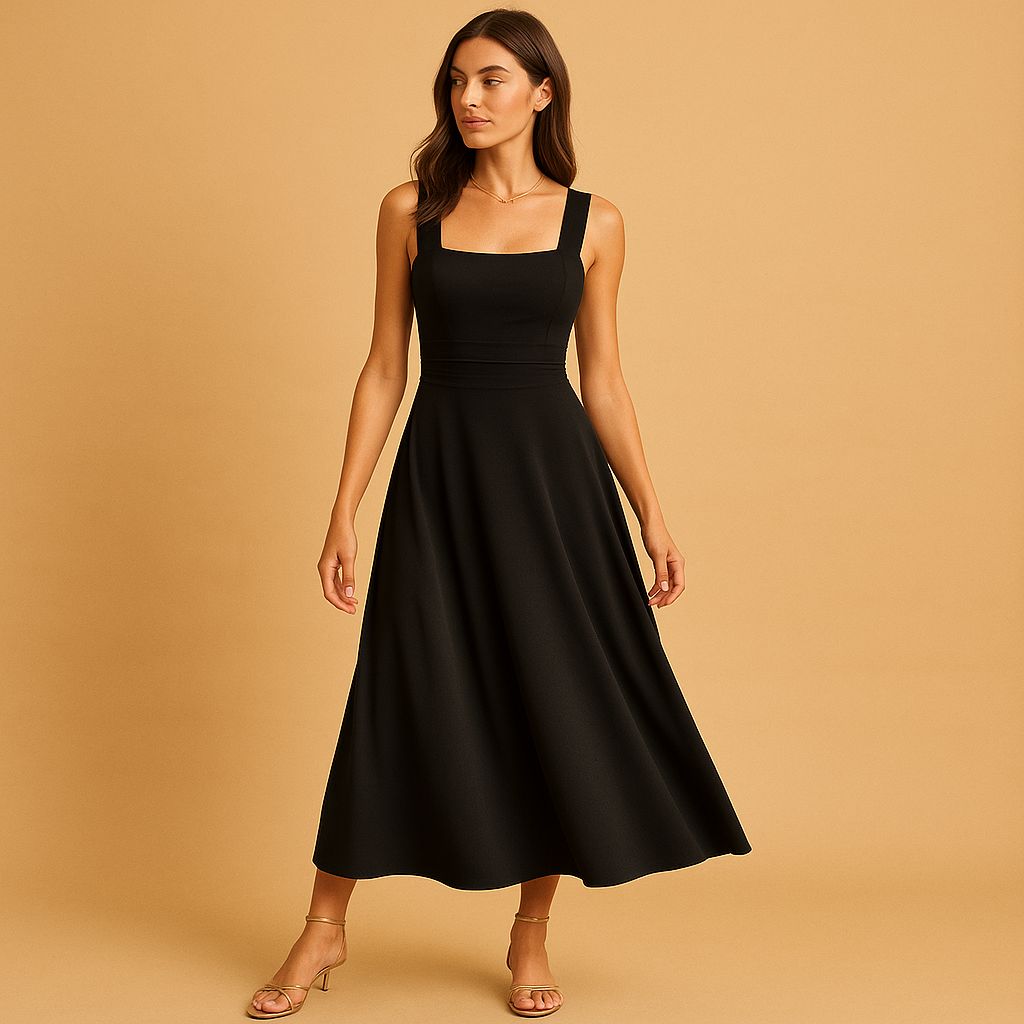 Women's Midi Dress with Square Neckline and Lace-Up Detail | Yinthe