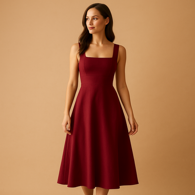 Women's Midi Dress with Square Neckline and Lace-Up Detail | Yinthe