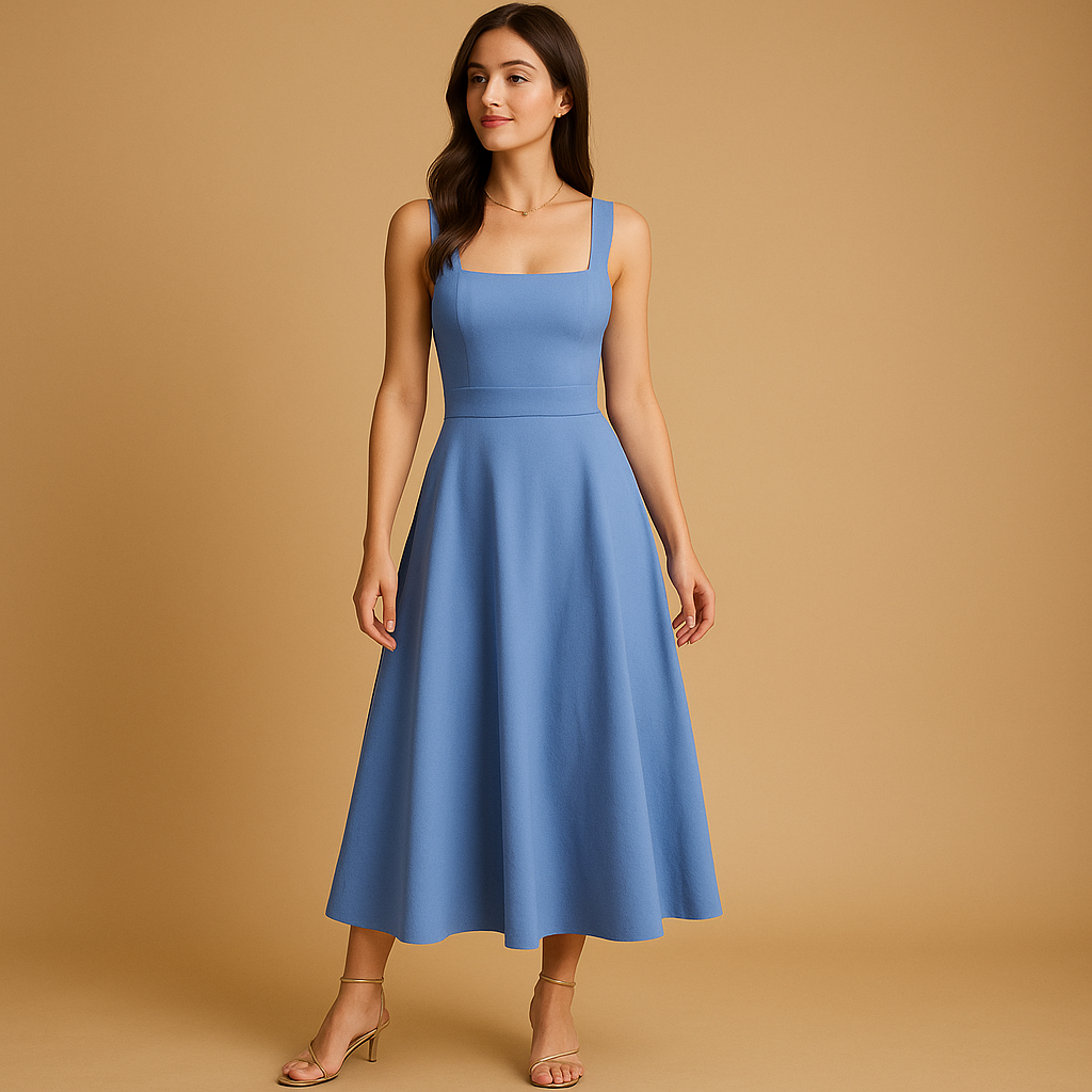Women's Midi Dress with Square Neckline and Lace-Up Detail | Yinthe