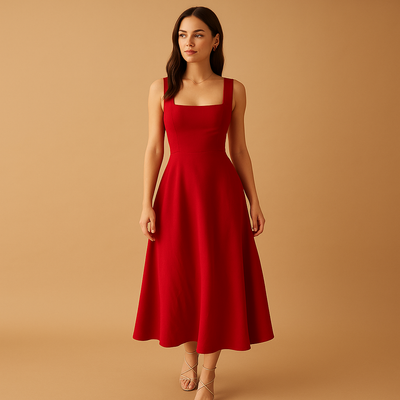 Women's Midi Dress with Square Neckline and Lace-Up Detail | Yinthe