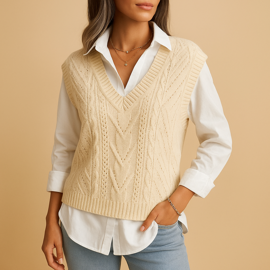 Women's Sleeveless V-Neck Cable Knit Vest | Marit