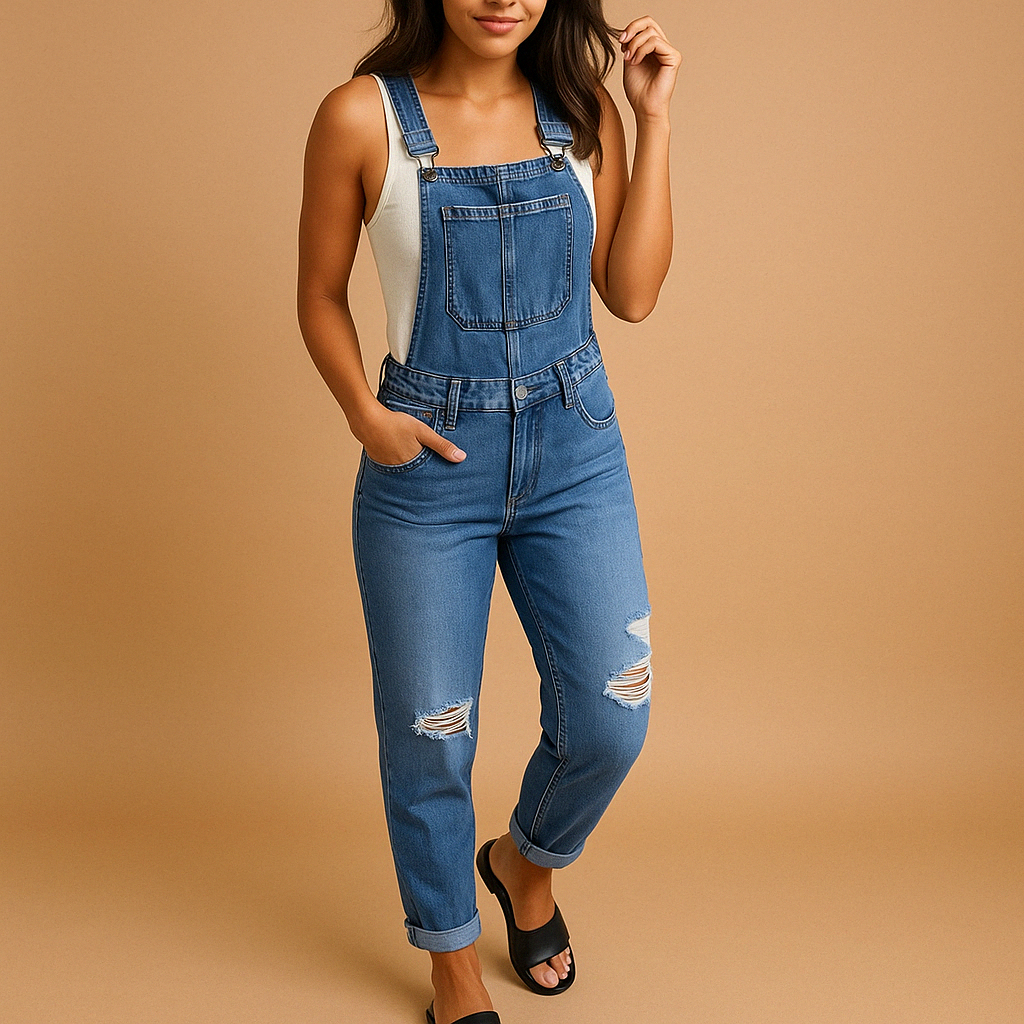 Mila | Women's Ripped Denim Overalls with Adjustable Straps