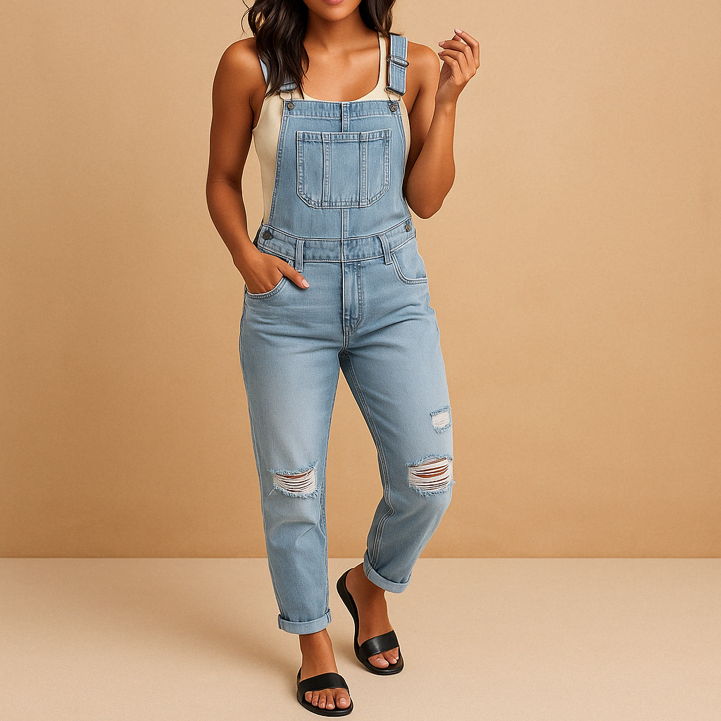 Mila | Women's Ripped Denim Overalls with Adjustable Straps
