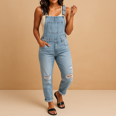 Mila | Women's Ripped Denim Overalls with Adjustable Straps