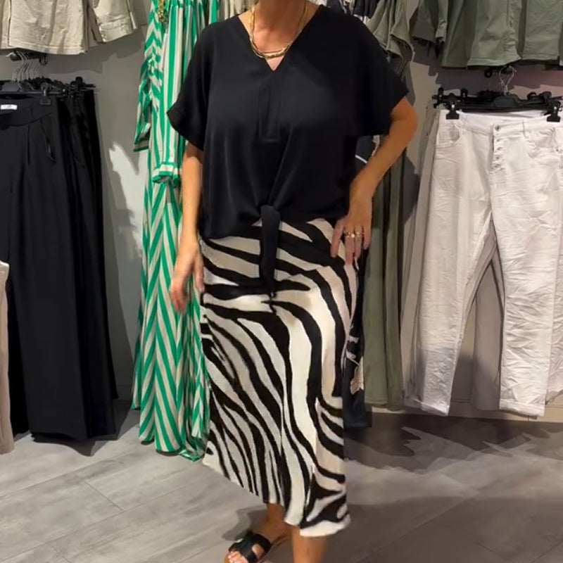 ⏳Time-limited Special⏰Women's Knot Front Blouse & Midi Skirt Casual Set