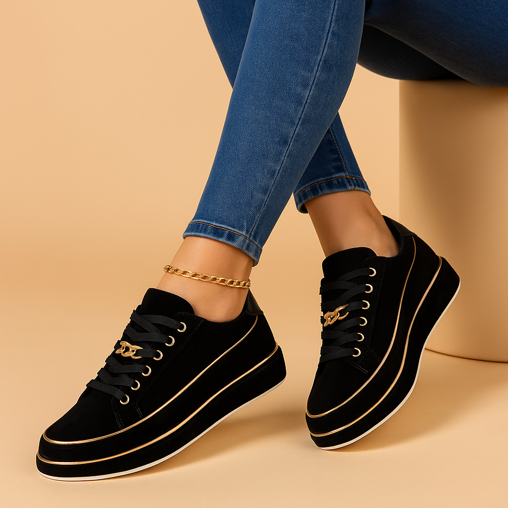 Fleur Women's White Sneakers with Gold Accents