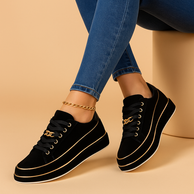 Fleur Women's White Sneakers with Gold Accents