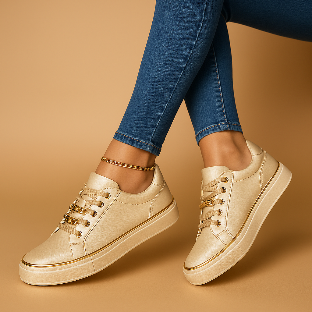 Fleur Women's White Sneakers with Gold Accents