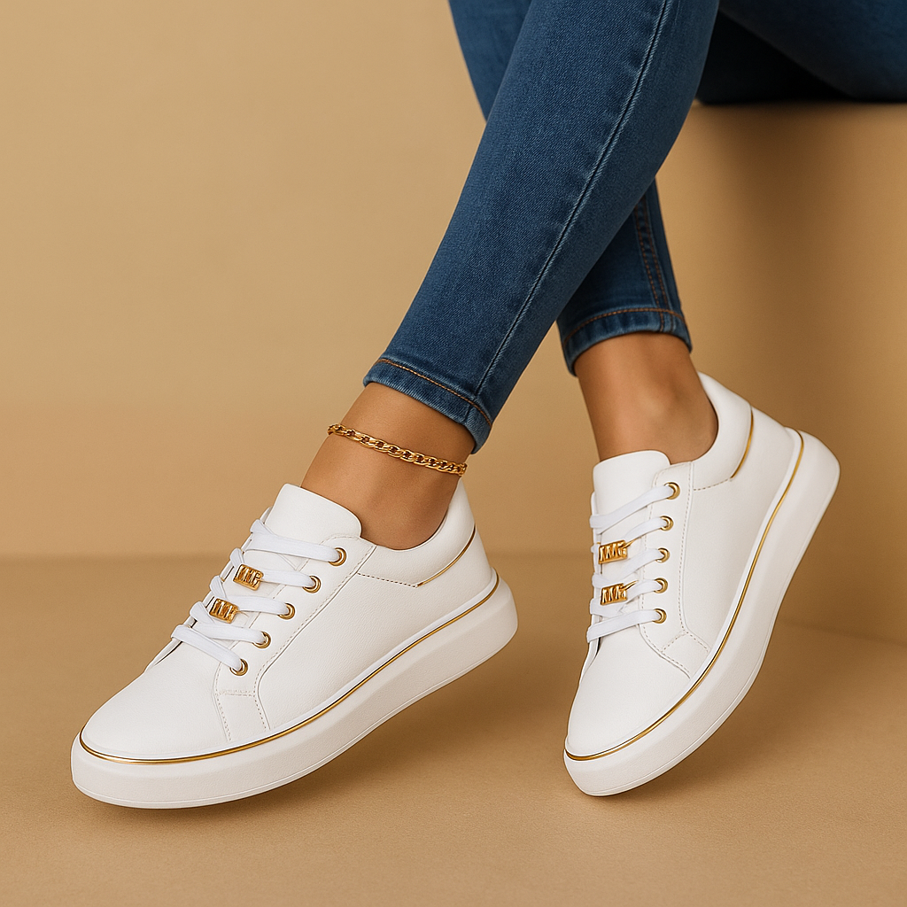 Fleur Women's White Sneakers with Gold Accents