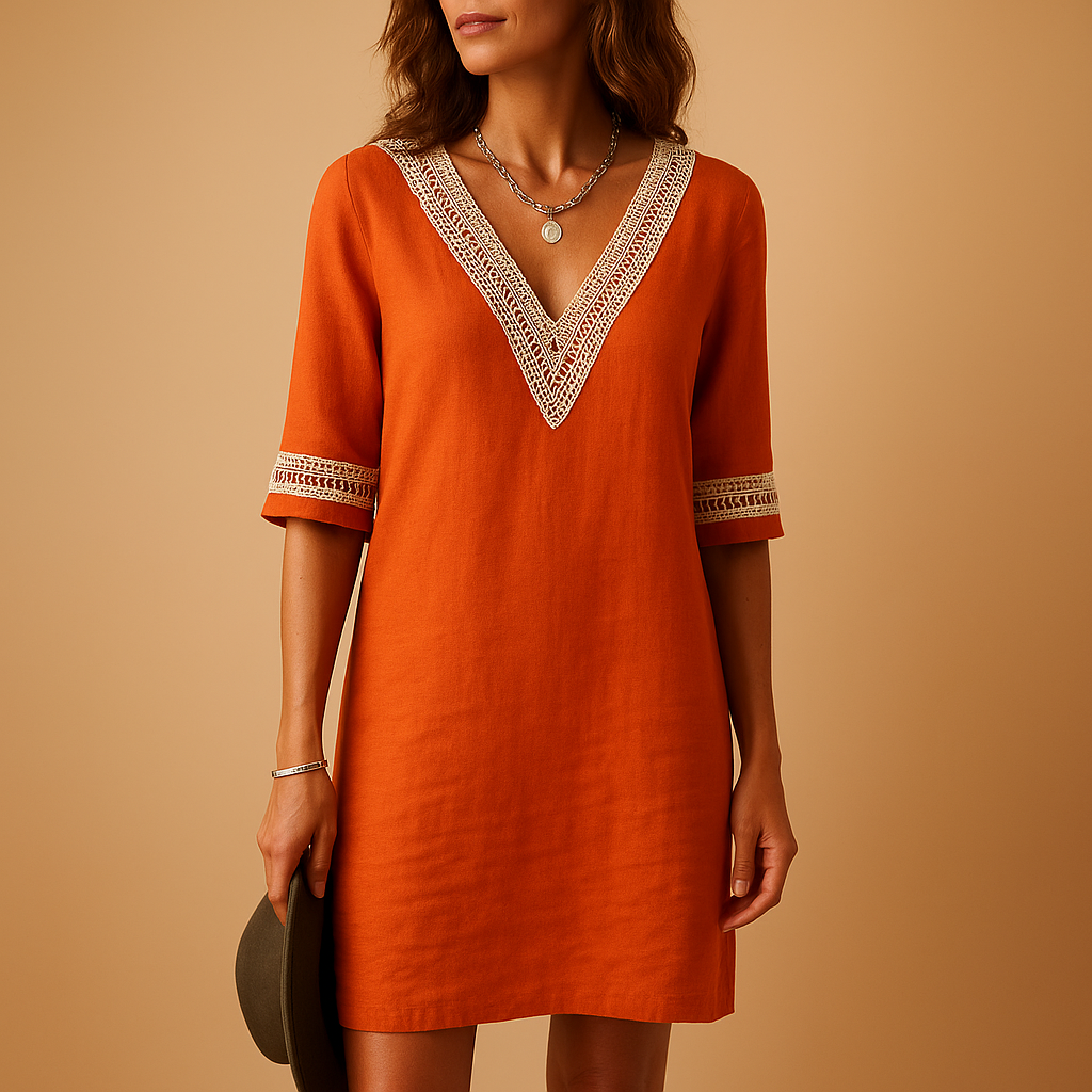 Elvira Women's Summer Dress with V-Neck and Lace Accents