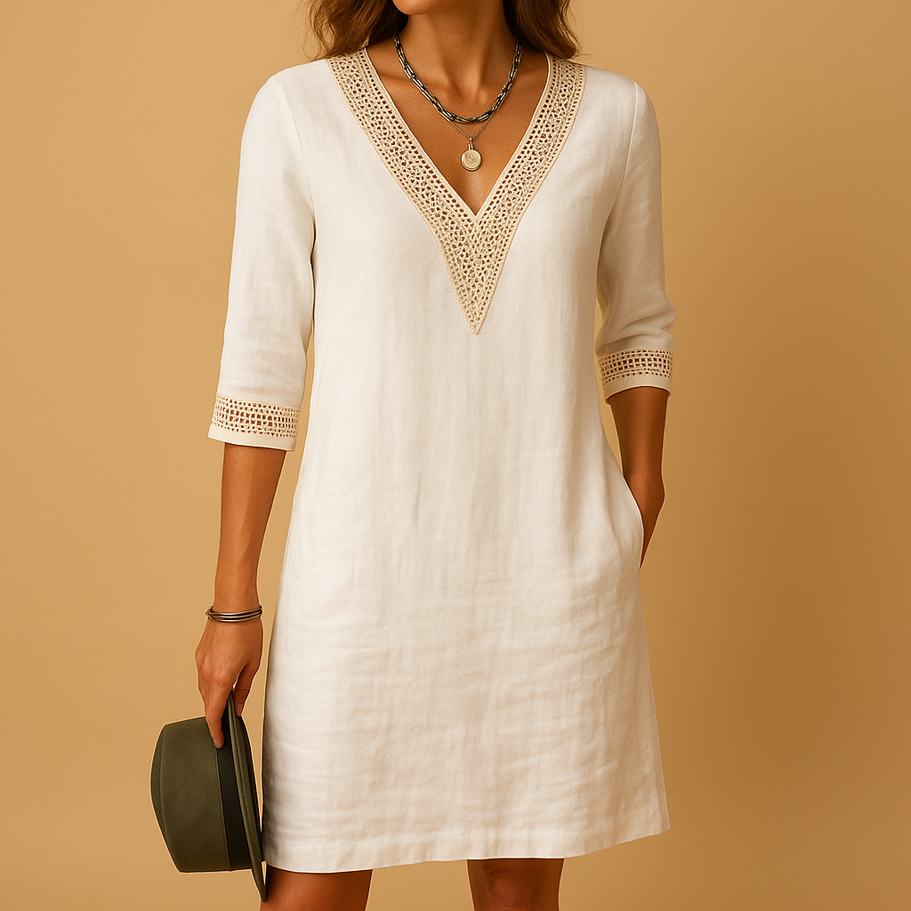 Elvira Women's Summer Dress with V-Neck and Lace Accents